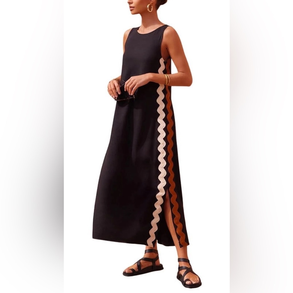 Chouyatou Cotton Linen Black Maxi Dress with White and Brown Wave Trim Medium